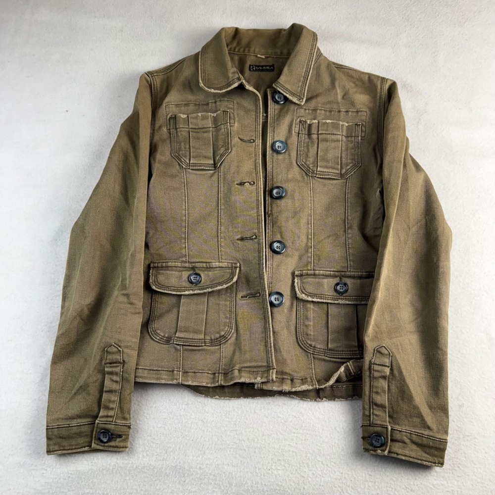 Vintage Tantara Womens Tan Utility Jacket Multi Pocket Button Front Fits XS/S